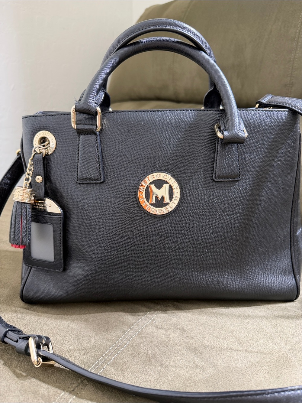 Lux Metrocity Black Saffiano Leather Structured Tote Bag Gold Hardware Vintage.